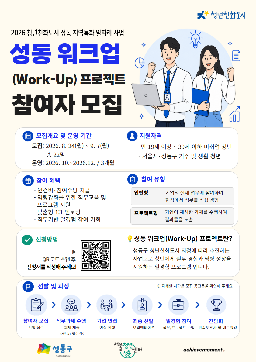 서울청년센터 성동 2026 청년친화도시 성동 지역특화 일자리 사업 성동 워크업(Work-Up) 프로젝트 참여자 모집